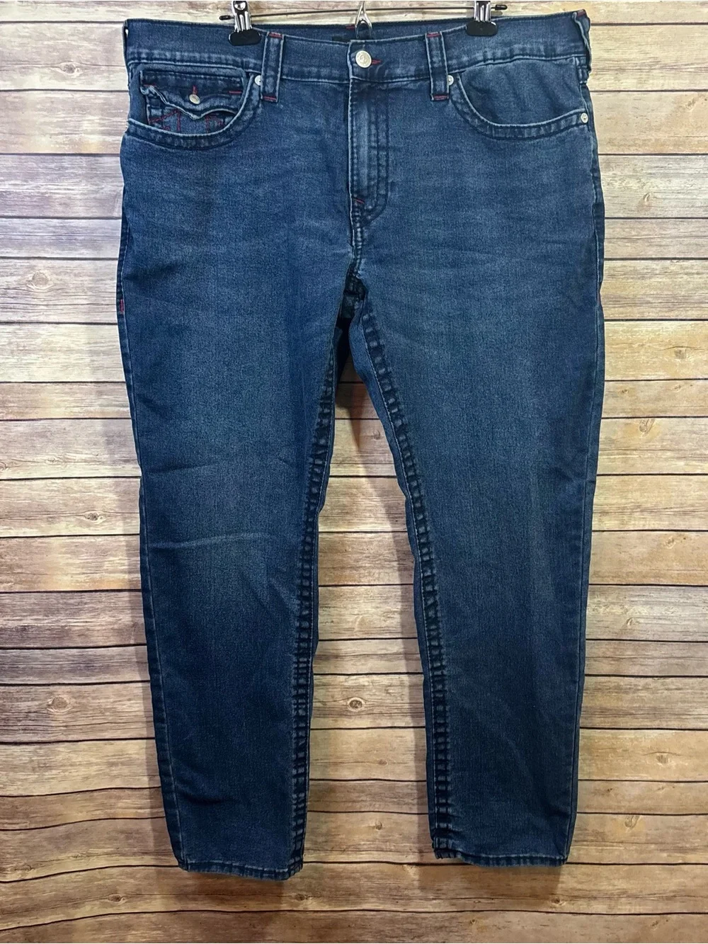 True Religion Men's Blue Jeans with Red Stitching Size 40 x 30
